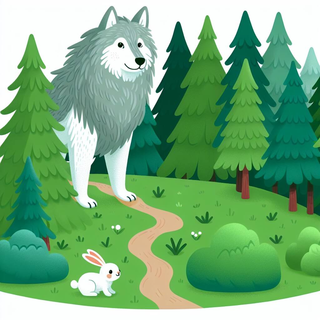 Une illustration destinée aux enfants représentant un majestueux loup au pelage argenté, se tenant sur une colline verdoyante, avec un petit lapin comme compagnon, dans un dense et mystérieux bosquet de sapins.