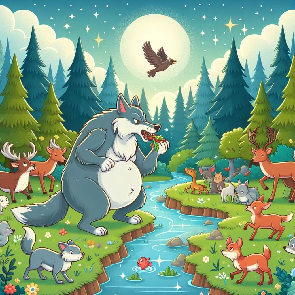 Une illustration destinée aux enfants représentant un loup gourmand se retrouvant dans une compétition de nourriture avec d'autres animaux dans une forêt enchantée remplie d'arbres majestueux, d'herbes hautes et de ruisseaux scintillants.