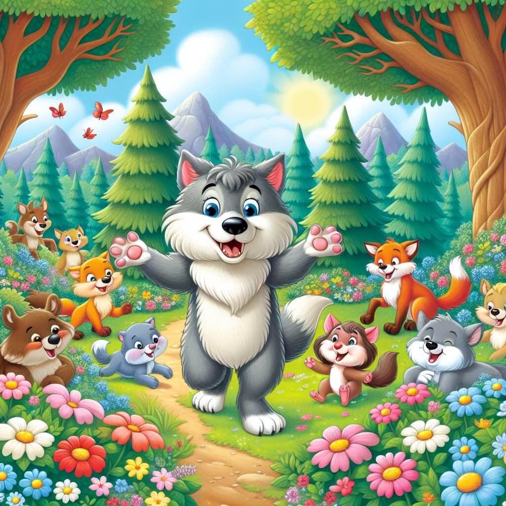 Une illustration destinée aux enfants représentant un loup souriant, entouré d'animaux rieurs, dans un magnifique bosquet enchanté rempli de fleurs colorées et d'arbres majestueux.