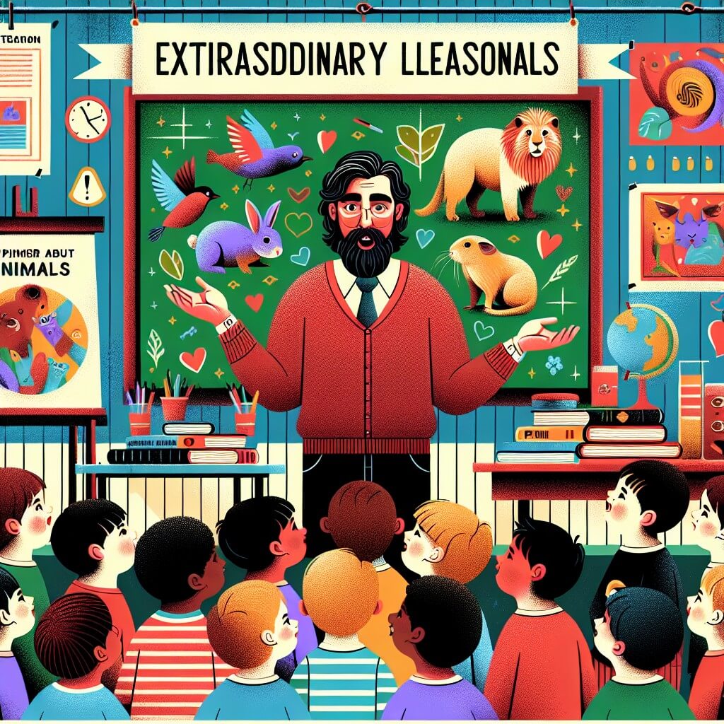 Une illustration destinée aux enfants représentant un homme passionné et bienveillant, entouré d'enfants curieux, dans une salle de classe colorée remplie de livres, affiches et un tableau noir, où se déroule une leçon extraordinaire sur les animaux.