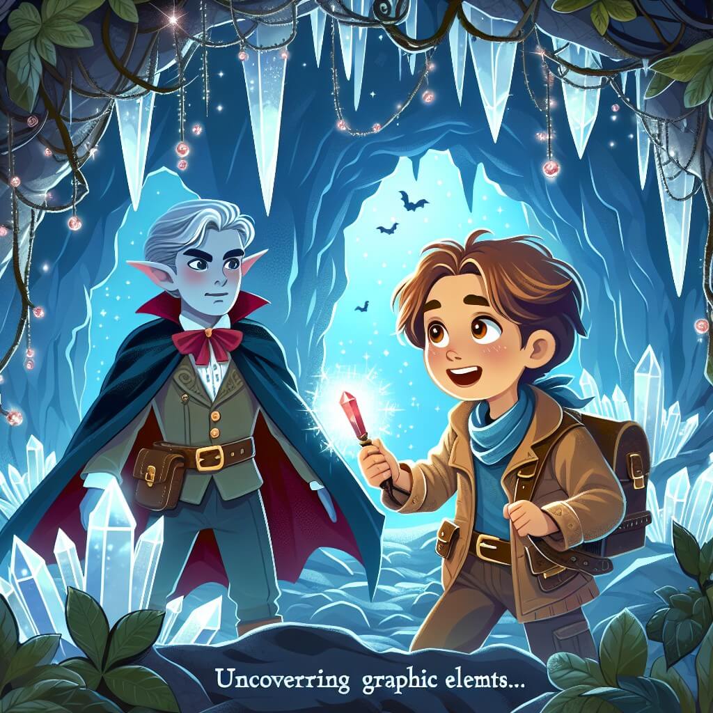 Une illustration destinée aux enfants représentant un vampire intrépide, découvrant un monde magique avec l'aide d'un jeune explorateur, dans une ancienne cave envoûtante, illuminée par des cristaux étincelants et recouverte de lianes mystérieuses.