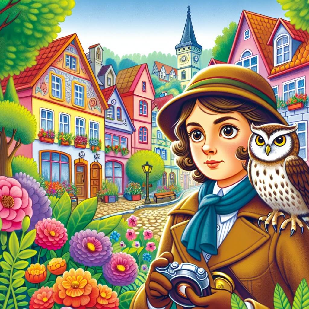Une illustration destinée aux enfants représentant une femme détective courageuse, accompagnée d'une adorable chouette, enquêtant sur un mystère dans une petite ville pittoresque pleine de maisons colorées, de rues pavées et de jardins fleuris.