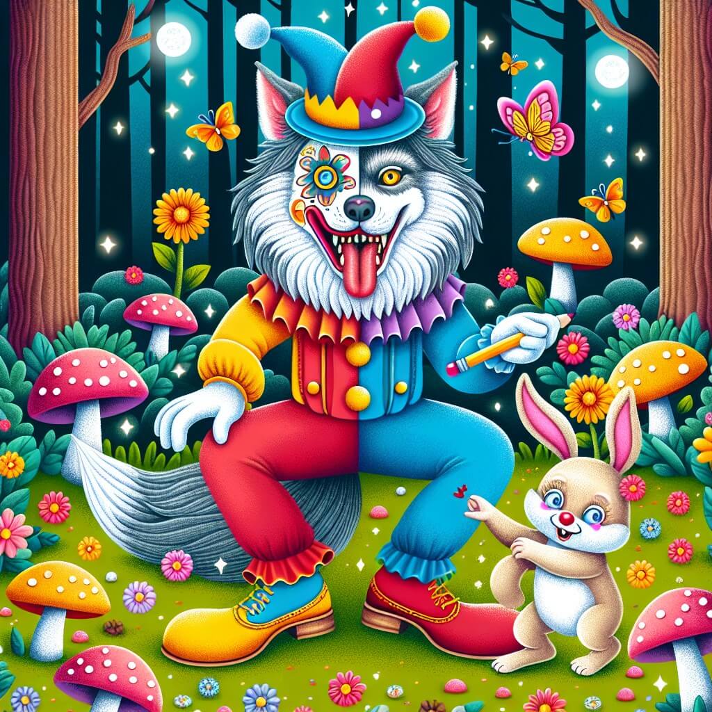 Une illustration destinée aux enfants représentant une créature mi-loup mi-humain, déguisée en clown, qui fait des blagues hilarantes avec l'aide d'un petit lapin magique, dans une forêt enchantée remplie de champignons lumineux et de fleurs aux couleurs vives.