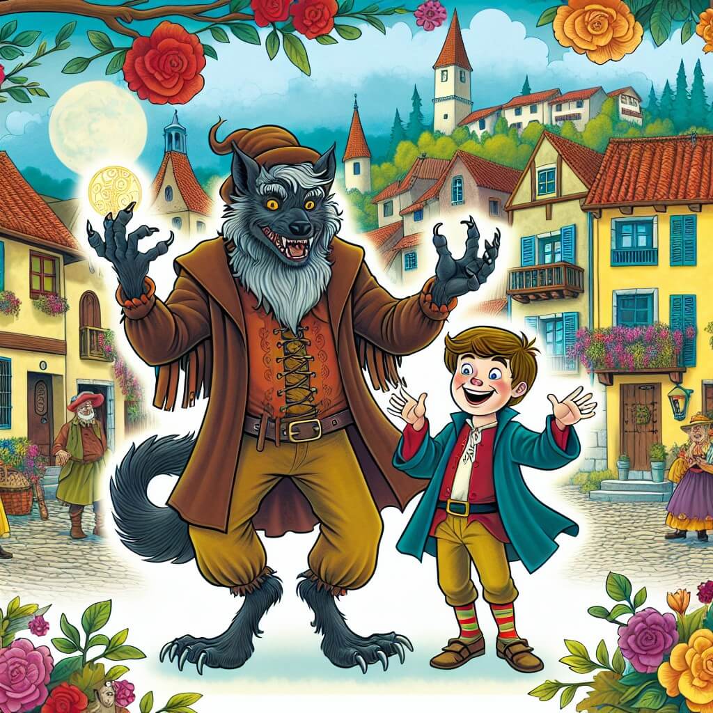Une illustration destinée aux enfants représentant un loup-garou facétieux, accompagné d'un jeune garçon, qui égayent le pittoresque village de Villa Risueña avec des tours de magie et des blagues hilarantes, entourés de maisons colorées et de rues pavées bordées de fleurs.
