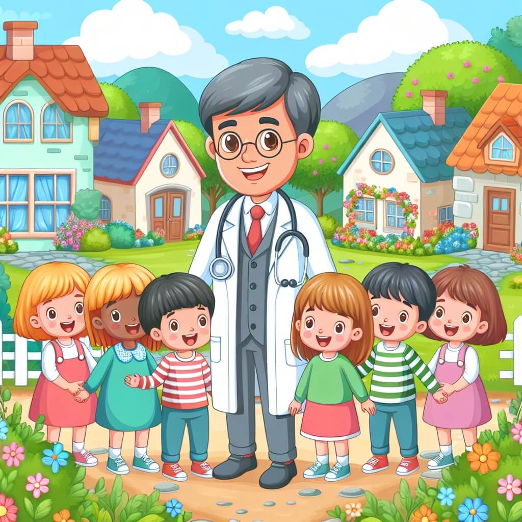 Une illustration destinée aux enfants représentant un médecin bienveillant, entouré d'enfants souriants, dans un charmant village aux maisons colorées et aux jardins fleuris de Villa Salud.