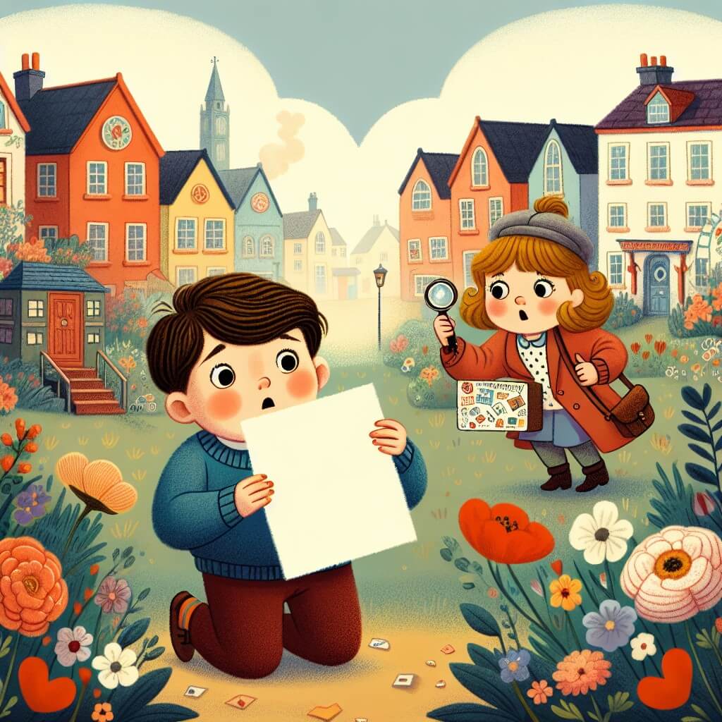 Une illustration destinée aux enfants représentant un petit garçon curieux, découvrant une mystérieuse carte de Saint-Valentin dans un charmant village rempli de maisons colorées et de fleurs, avec l'aide de sa sœur aînée pour résoudre le mystère.
