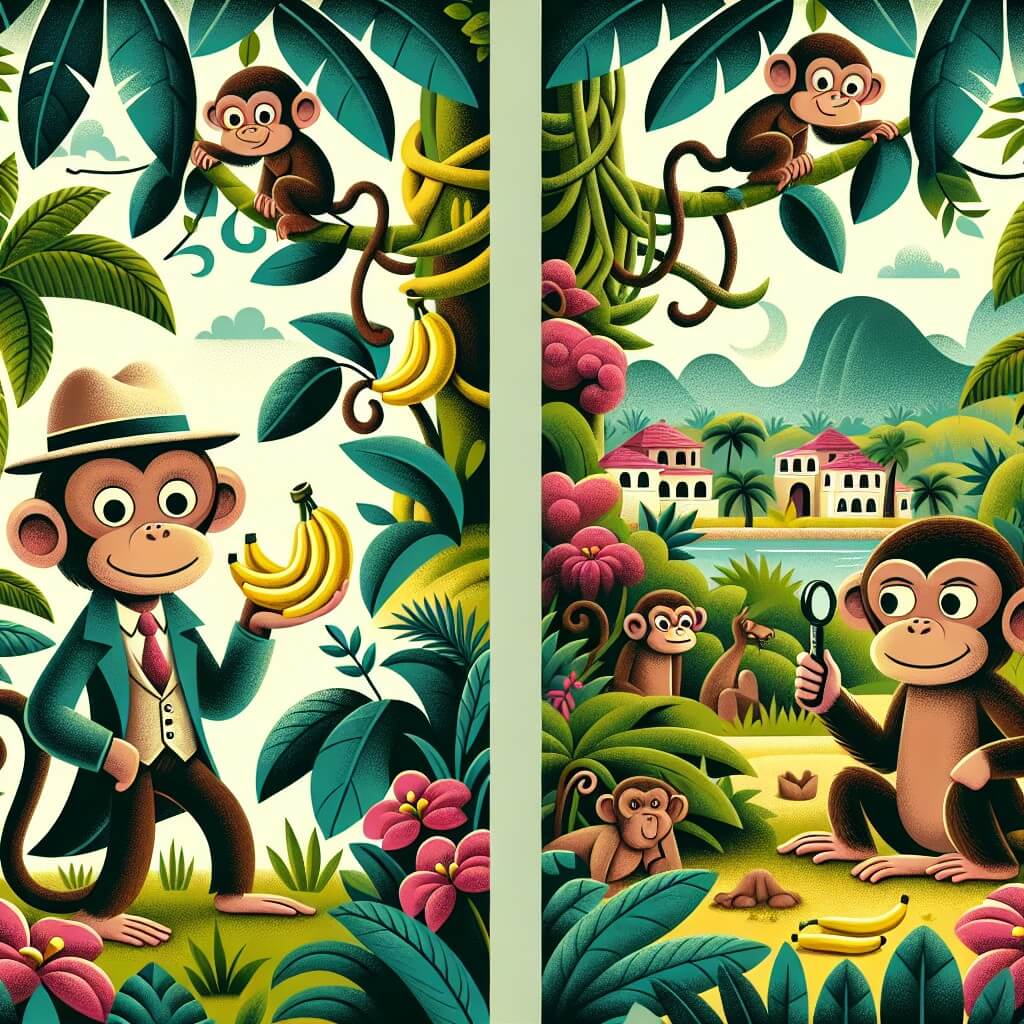 Une illustration destinée aux enfants représentant un singe espiègle dans une jungle luxuriante, accompagné d'un élégant inspecteur singe, enquêtant sur le mystère des bananes disparues, dans un village de singes entouré de lianes et de palmiers colorés.
