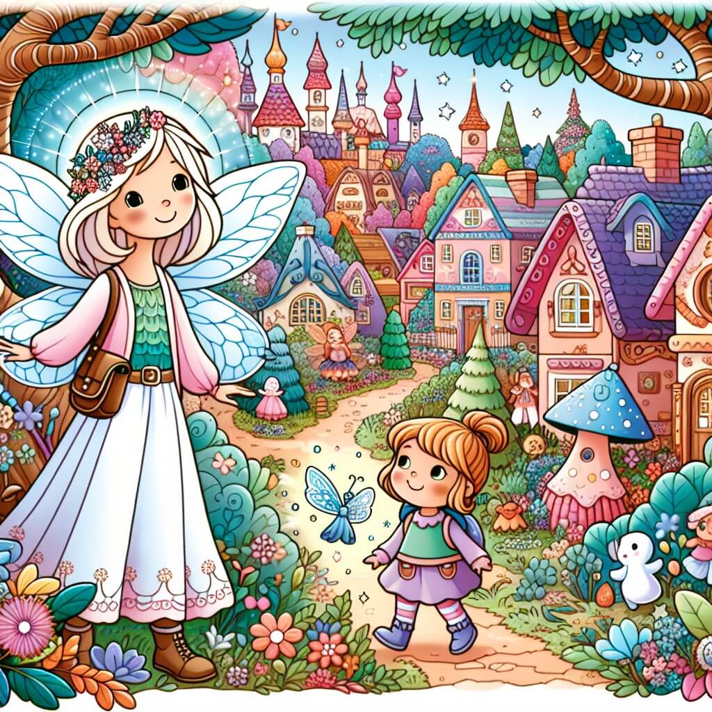 Une illustration destinée aux enfants représentant une fée lumineuse et délicate, se trouvant dans un village enchanté rempli de maisons colorées, d'arbres magiques et de créatures fantastiques, accompagnée d'une petite fille curieuse et aventureuse qui l'aide à résoudre le mystère de la disparition des autres fées.