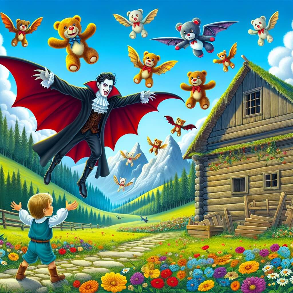 Une illustration destinée aux enfants représentant un vampire en train de lutter avec des peluches volantes dans une vieille cabaña abandonnée située au cœur d'un paisible village, entouré de collines verdoyantes et de prairies remplies de fleurs aux couleurs vives, avec un jeune garçon curieux et aventureux prêt à lui prêter main-forte.