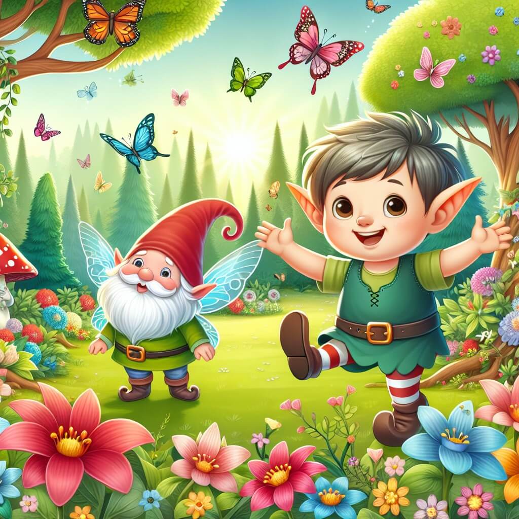 Une illustration destinée aux enfants représentant un petit elfe espiègle, accompagné de son ami le lutin farceur, dans un magnifique jardin enchanté rempli de fleurs colorées, d'arbres majestueux et de papillons virevoltants.