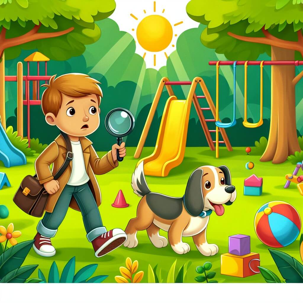 Une illustration destinée aux enfants représentant un jeune garçon curieux, accompagné de son fidèle chien, enquêtant sur la mystérieuse disparition des jouets colorés, dans un parc ensoleillé rempli de balançoires, toboggans et arbres verdoyants.