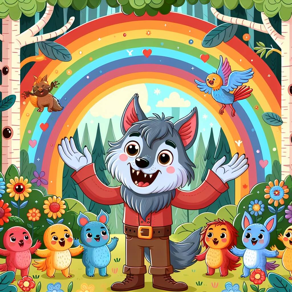 Une illustration destinée aux enfants représentant un loup-garou joyeux, entouré de créatures rigolotes, dans une forêt enchantée aux arbres colorés et aux fleurs lumineuses de toutes les couleurs de l'arc-en-ciel.