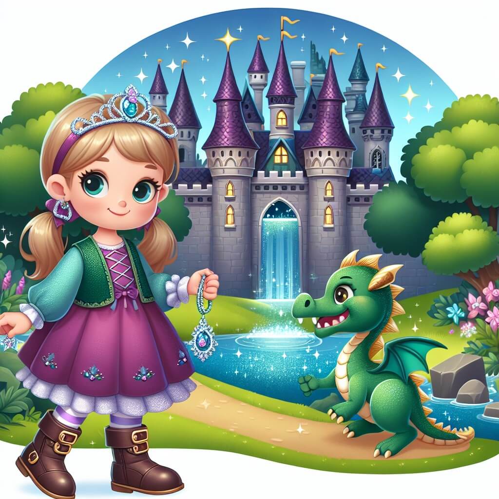 Une illustration destinée aux enfants représentant une petite fille curieuse, vêtue d'une robe violette et d'une paire de bottes en cuir, tenant un collier scintillant dans une main, tandis qu'elle se tient devant un majestueux château ensorcelé, entouré d'un fossé rempli d'eau étincelante, avec un dragon vert flamboyant perché sur une tour, et des arbres aux feuilles chatoyantes bordant le paysage fantastique.