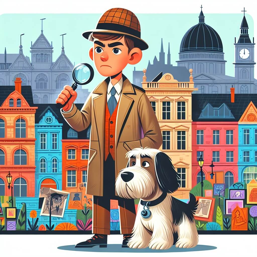 Une illustration destinée aux enfants représentant un homme courageux et malicieux, plongé dans une enquête passionnante avec l'aide d'un fidèle chien détective, au cœur d'une ville colorée et animée, regorgeant de rues pavées, de bâtiments historiques et d'un musée d'art majestueux.