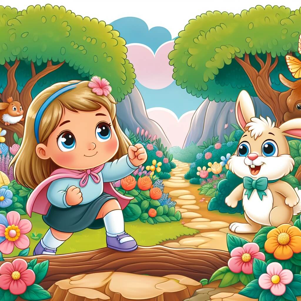 Une illustration destinée aux enfants représentant une petite fille intrépide, confrontée à un défi impossible, accompagnée d'un adorable lapin parlant, dans un magnifique jardin enchanté rempli de fleurs colorées et d'arbres majestueux.