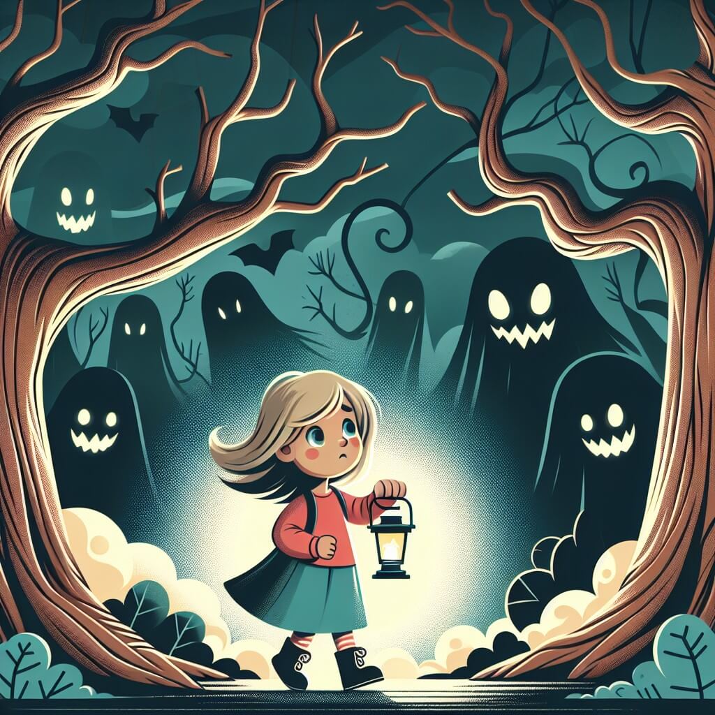 Une illustration destinée aux enfants représentant une petite fille courageuse et intrépide, se retrouvant piégée dans une sombre forêt hantée par des esprits maléfiques, accompagnée seulement de sa fidèle lanterne, dans une clairière entourée de vieux arbres noueux aux branches tordues et de brumes épaisses qui enveloppent le sol.