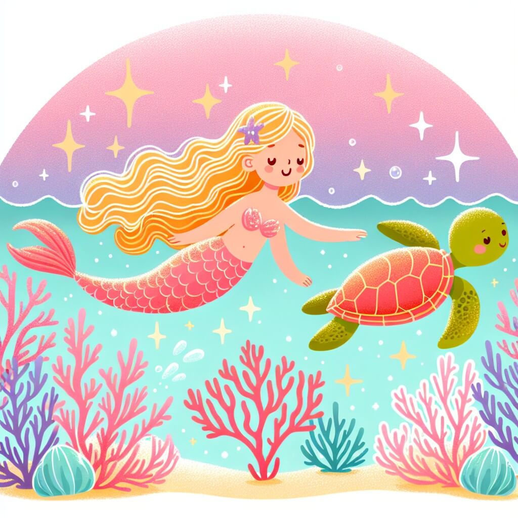 Une illustration destinée aux enfants représentant une sirène aux cheveux dorés nageant dans un océan scintillant, accompagnée de son amie tortue marine, à travers un arbre de corail rose et violet.