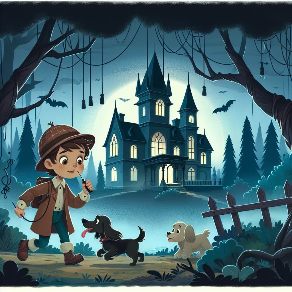 Une illustration destinée aux enfants représentant un jeune garçon énergique et curieux, accompagné de son fidèle chien, enquêtant dans un mystérieux manoir hanté, entouré d'arbres sombres et d'une brume épaisse, à la recherche de réponses à un énigmatique secret.