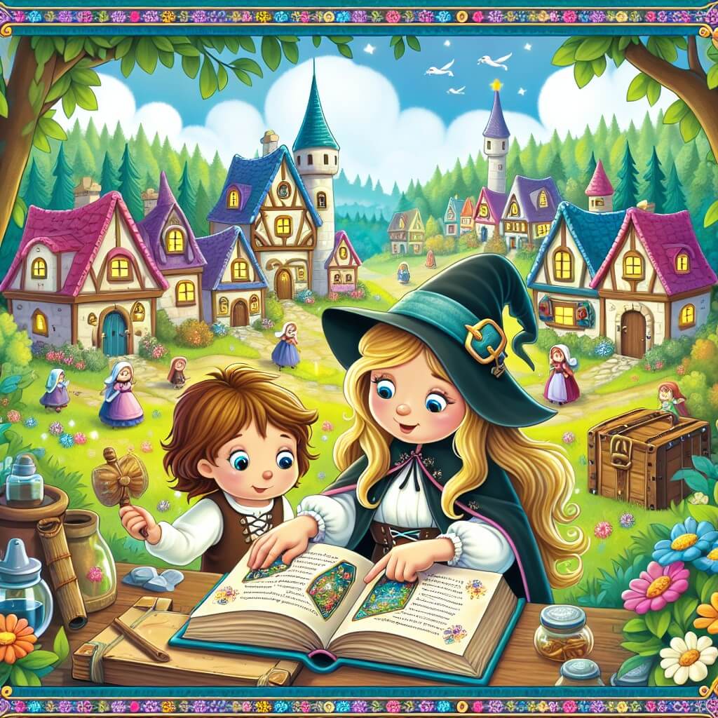 Une illustration destinée aux enfants représentant une apprentie sorcière, émerveillée par la découverte d'un mystérieux livre de sorts, accompagnée de son amie curieuse, dans un village enchanteur aux maisons colorées et aux jardins fleuris, entouré d'une forêt magique.