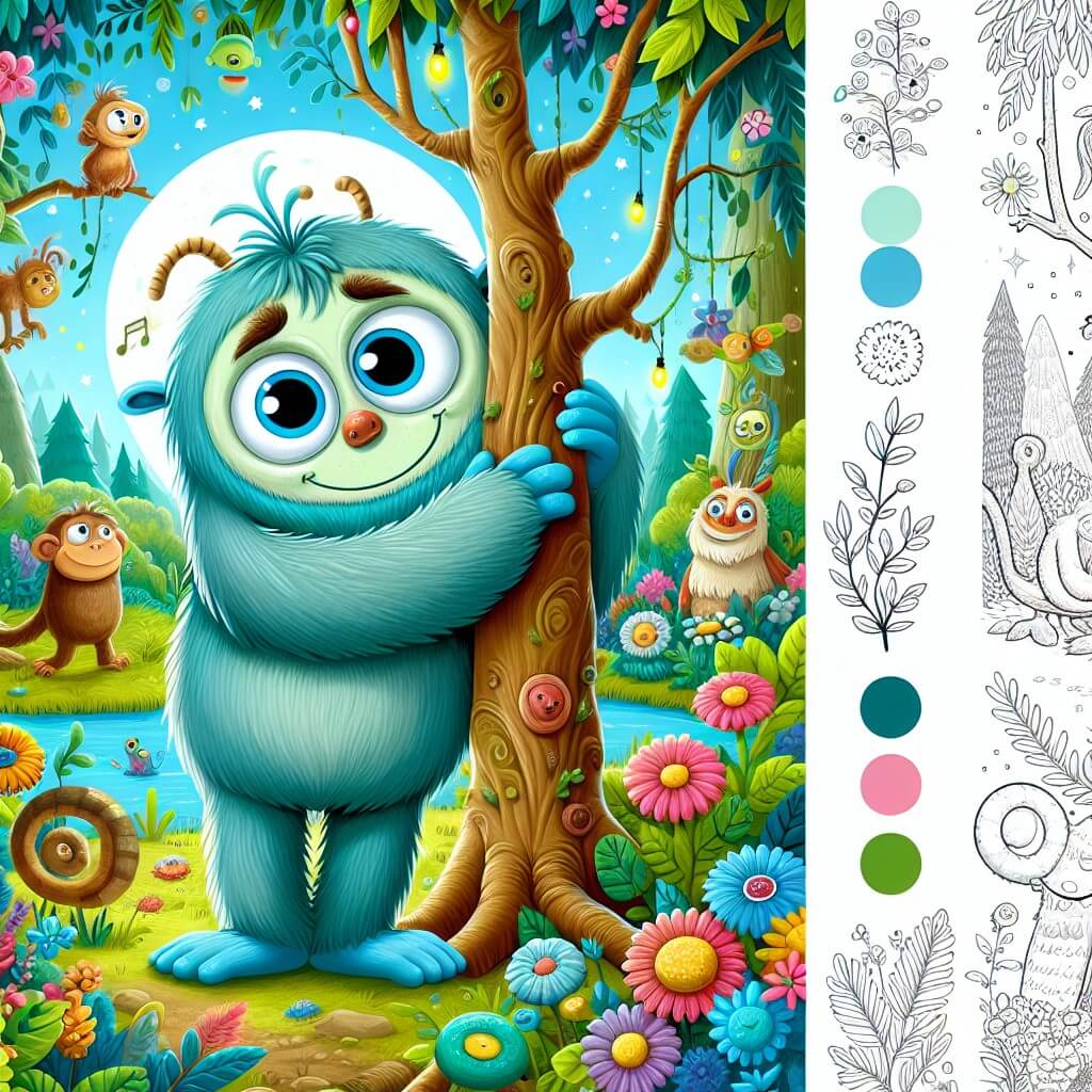 Une illustration destinée aux enfants représentant une créature rigolote, avec des yeux pétillants et des bras enroulés autour d'un arbre, se trouvant dans une forêt enchantée remplie de fleurs colorées et d'animaux curieux.