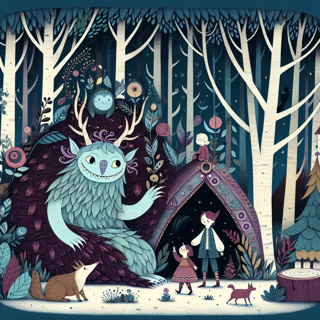 Une illustration destinée aux enfants représentant une créature fantastique à l'apparence effrayante, vivant dans un mystérieux et enchanteur bosquet, et se liant d'amitié avec un adorable petit animal perdu.