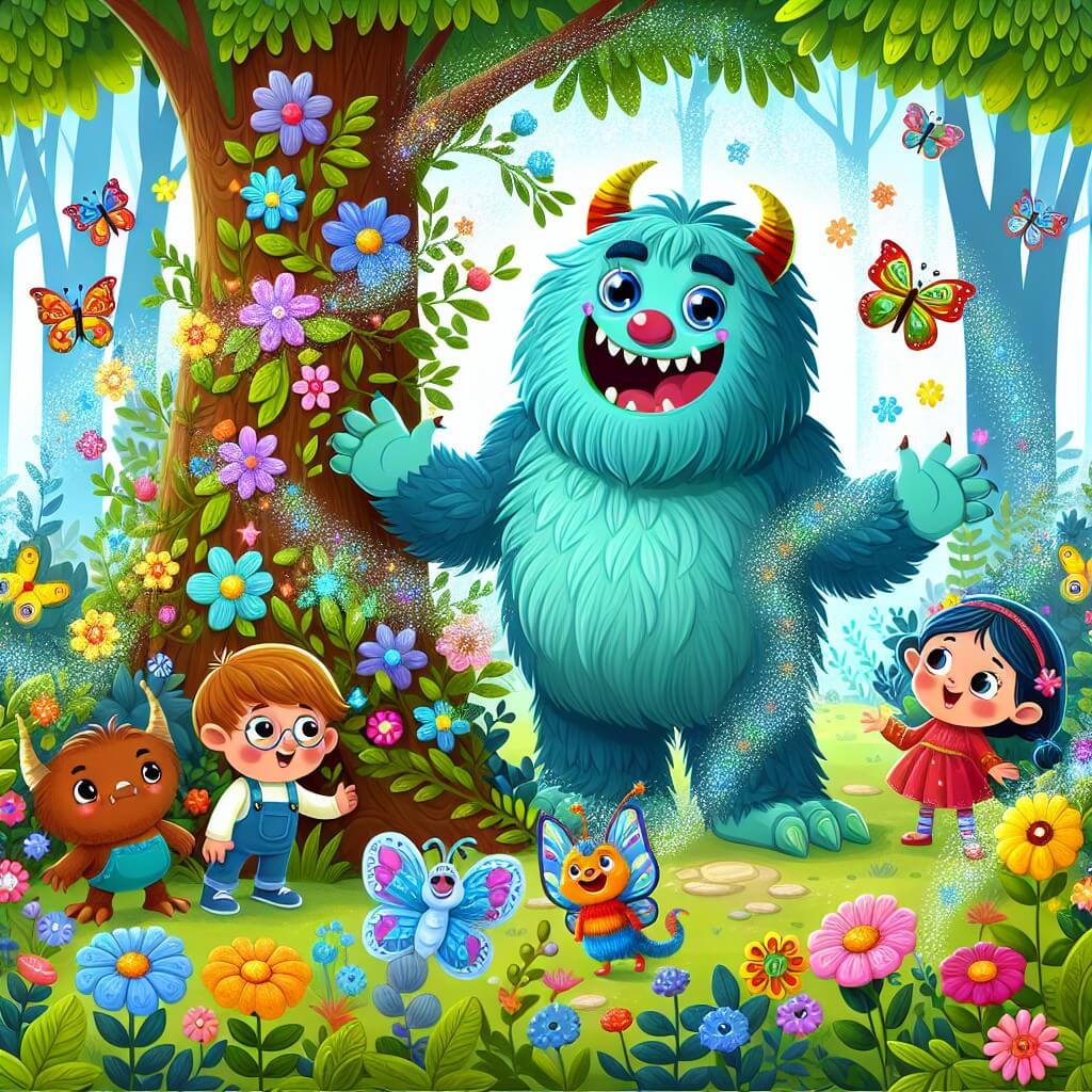 Une illustration destinée aux enfants représentant un monstre rigolo, entouré d'amis magiques, dans un magnifique bosquet enchanté rempli de fleurs colorées, papillons virevoltants et arbres majestueux aux feuilles scintillantes.