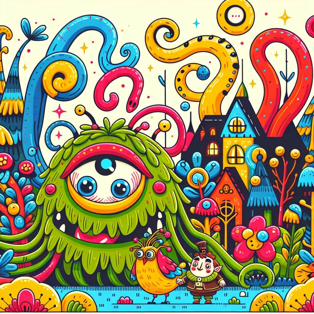 Une illustration destinée aux enfants représentant une créature rigolote, avec des yeux énormes et des tentacules colorées, qui fait des grimaces amusantes, accompagnée d'un petit oiseau farceur, dans un jardin enchanté rempli de fleurs lumineuses et d'arbres aux formes étranges.