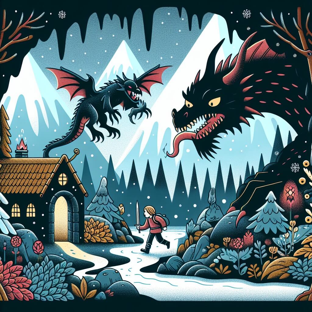 Une illustration destinée aux enfants représentant une créature fantastique à l'apparence effrayante vivant dans une sombre et mystérieuse grotte, qui se retrouve embarquée dans une aventure épique pour vaincre un dragon maléfique avec l'aide d'une douce fée dans un royaume enchanté rempli de forêts luxuriantes, de montagnes enneigées et d'un ruisseau magique.