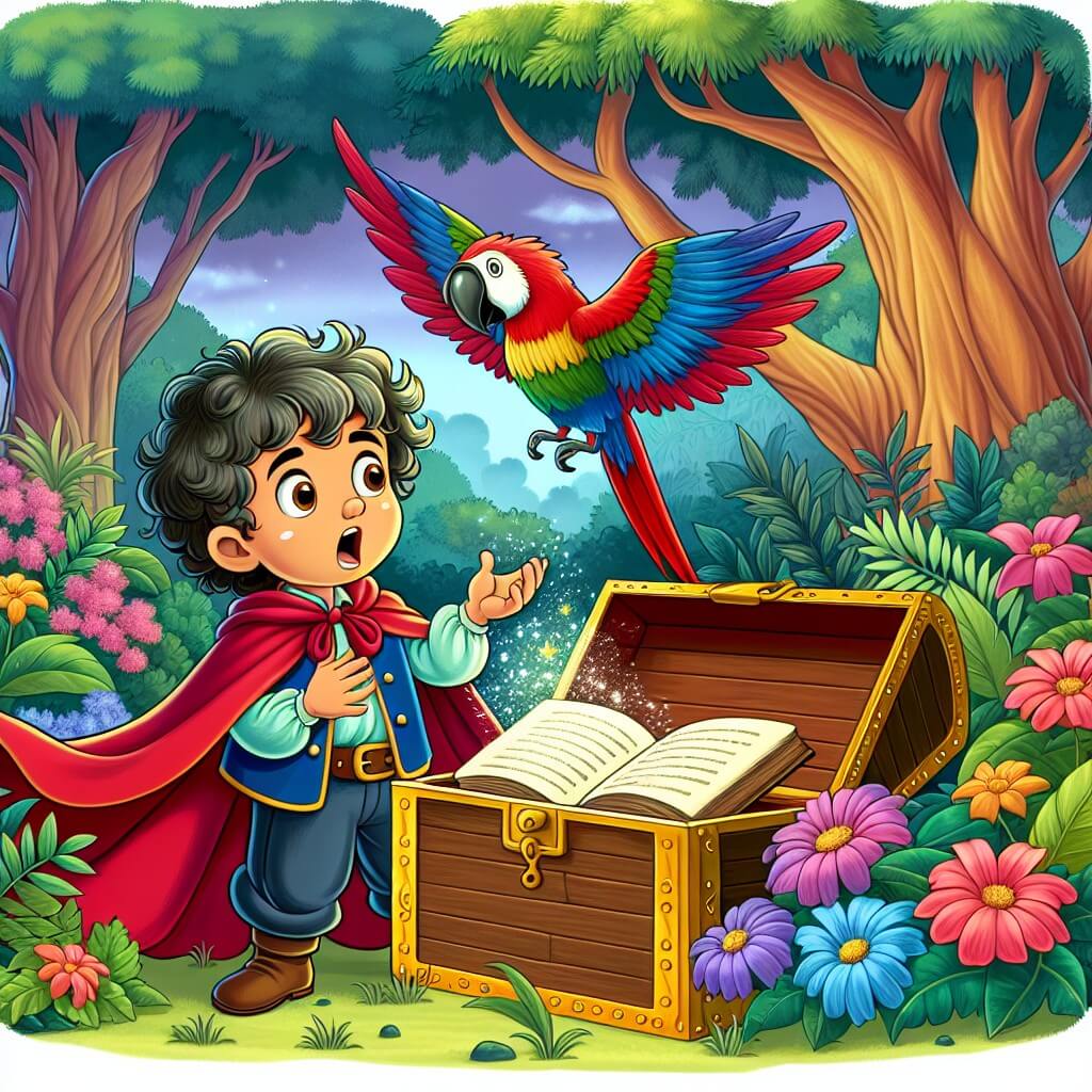 Une illustration destinée aux enfants représentant un jeune garçon aux cheveux bouclés, vêtu d'une cape colorée, qui découvre un livre magique dans une vieille malle en bois, accompagné d'un perroquet parlant, dans un jardin fleuri avec des arbres majestueux et des fleurs aux couleurs vives.