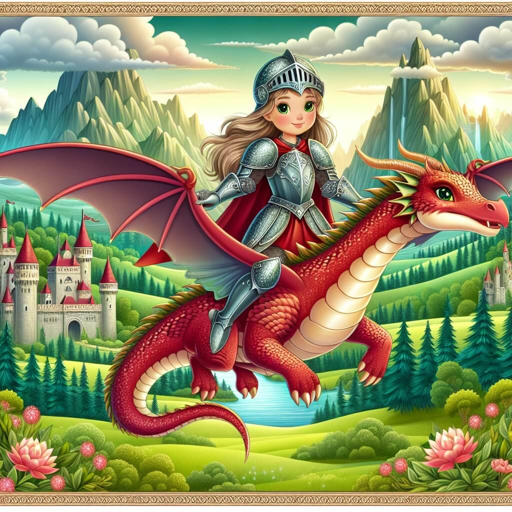 Une illustration destinée aux enfants représentant une jeune femme courageuse, vêtue d'une armure étincelante, chevauchant un majestueux dragon rouge à travers un paysage enchanteur de forêts luxuriantes, montagnes imposantes et châteaux médiévaux, dans un monde fantastique où règne la magie et la bravoure.