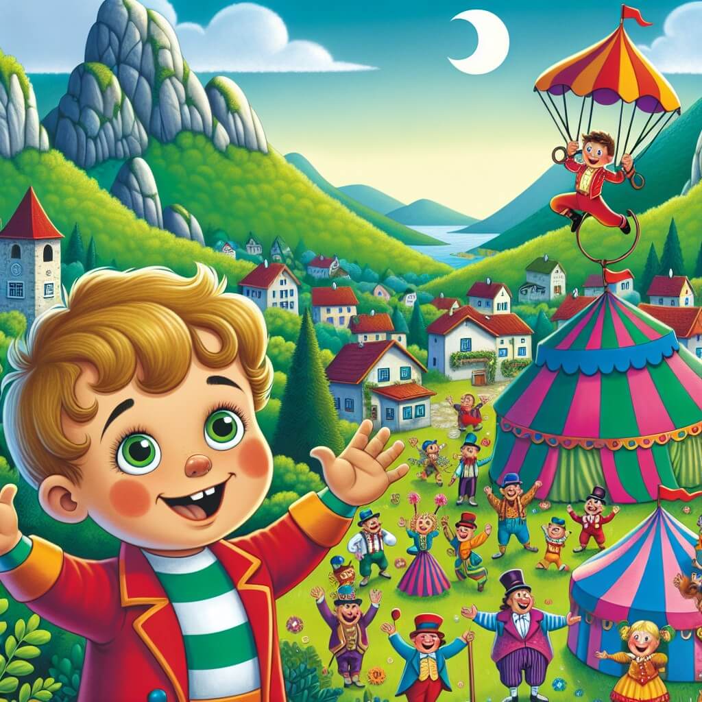 Une illustration destinée aux enfants représentant un petit garçon plein d'énergie et de curiosité, découvrant un cirque coloré avec des jongleurs, des acrobates et un trapeciste, dans un village entouré de montagnes verdoyantes.