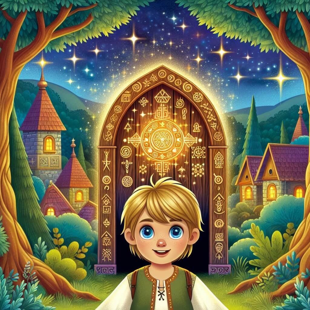 Une illustration destinée aux enfants représentant un petit garçon émerveillé, les yeux brillants, debout devant une mystérieuse porte en bois ornée de symboles anciens, située au milieu d'un paisible village entouré de majestueux arbres et de végétation luxuriante, tandis qu'une lumière dorée et magique illumine le paysage nocturne étoilé.