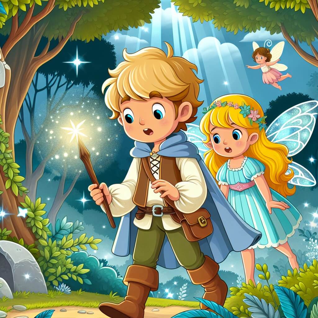 Une illustration destinée aux enfants représentant un jeune apprenti sorcier, plongé dans une quête magique, accompagné d'une petite fée aux ailes scintillantes, explorant un mystérieux et enchanteur bosquet de la forêt enchantée de Villa Esperanza.
