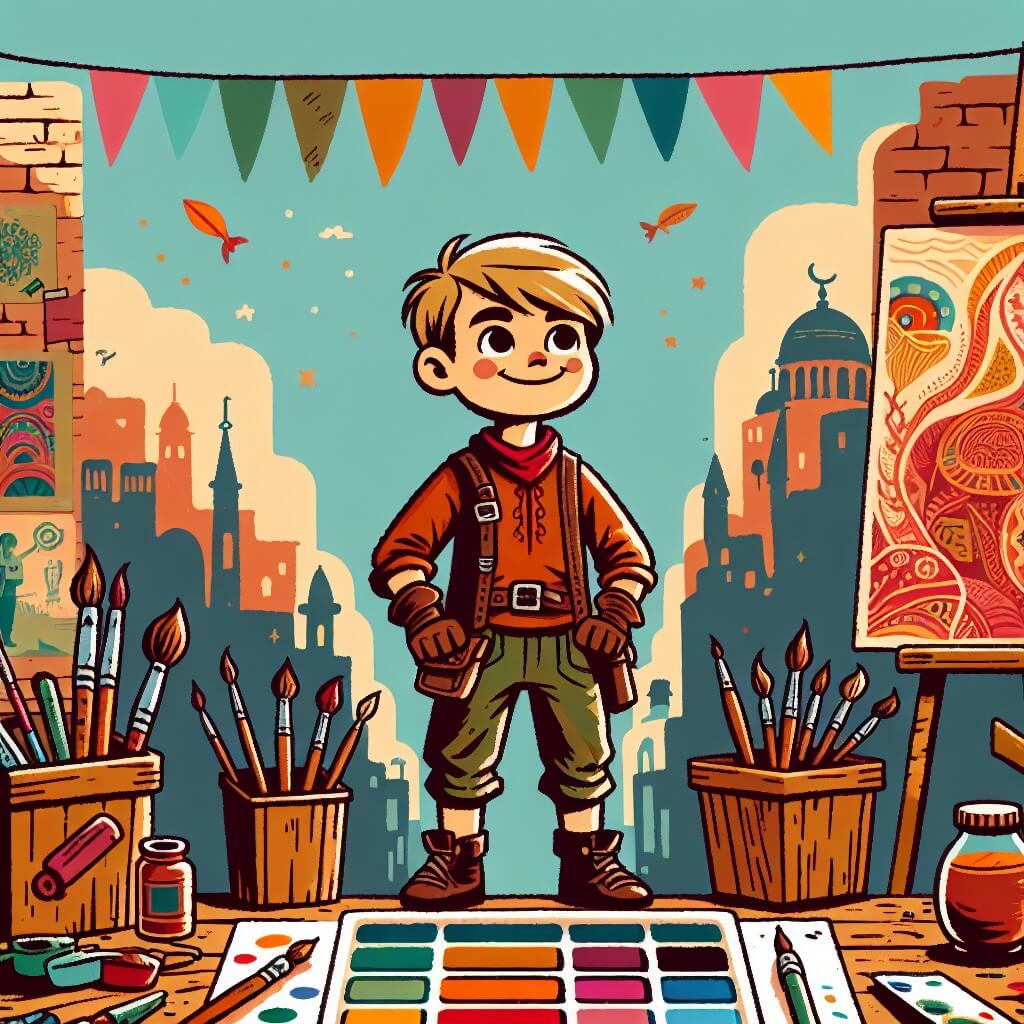 Une illustration destinée aux enfants représentant un petit garçon courageux et aventurier, se tenant devant un atelier d'art coloré, avec des pinceaux et des toiles éparpillés autour de lui, prêt à relever un grand défi de confiance en soi.