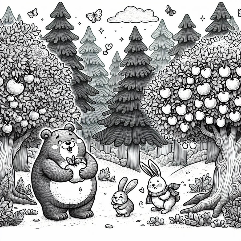 Une illustration destinée aux enfants représentant un adorable ours gourmand se trouvant dans une forêt enchantée, accompagné d'un joyeux lapin et entouré d'arbres majestueux, où ils cherchent ensemble un arbre magique rempli de fruits succulents.