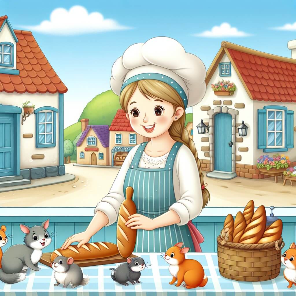 Une illustration destinée aux enfants représentant une boulangère talentueuse et souriante qui prépare de délicieux pains dans sa chaleureuse boulangerie, entourée de petits animaux curieux, dans un pittoresque village aux maisons colorées et aux rues pavées.