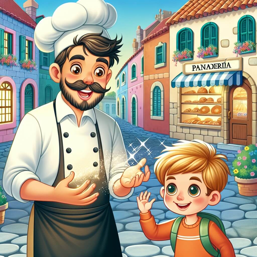 Une illustration destinée aux enfants représentant un boulanger passionné aux mains étincelantes, entouré d'un jeune garçon curieux, dans une charmante panadería au cœur du village de Villa Pan, avec des maisons colorées, des rues pavées et des fenêtres ornées de jolies fleurs.