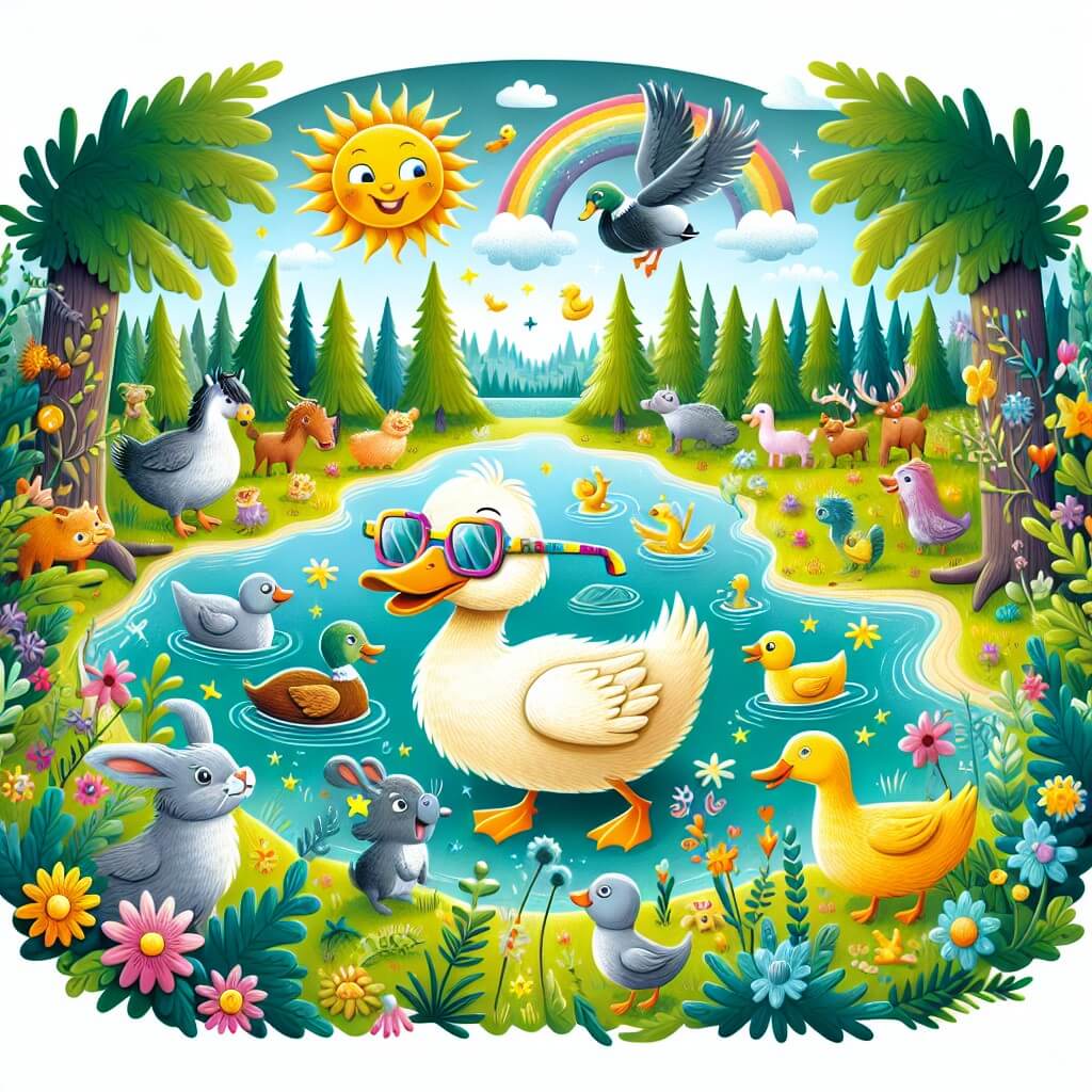 Une illustration destinée aux enfants représentant un canard malicieux, vivant dans un magnifique lac entouré de grands arbres, découvrant des lunettes de soleil magiques et entraînant les autres animaux de la ferme dans des aventures pleines de couleurs.