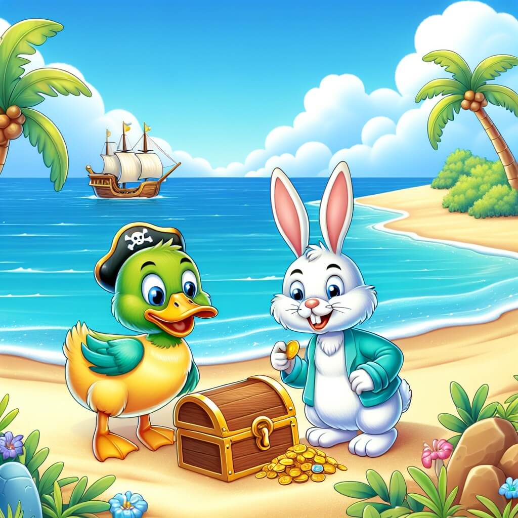 Une illustration destinée aux enfants représentant un canard aventurier, accompagné d'un drôle de lapin, découvrant un trésor sur une plage paradisiaque avec des palmiers, du sable blanc et une mer turquoise.