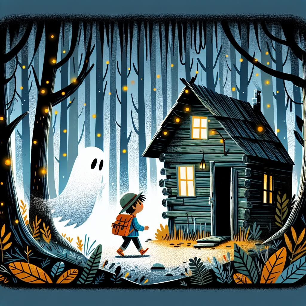 Une illustration destinée aux enfants représentant un fantôme timide et solitaire, rencontrant un jeune explorateur courageux, dans une ancienne cabaña abandonnée au cœur d'un bois mystérieux, entouré d'arbres majestueux aux feuilles chatoyantes et de lucioles qui scintillent doucement dans la nuit.
