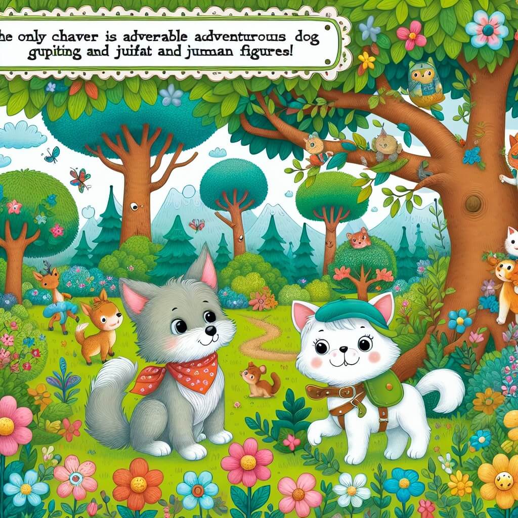 Une illustration destinée aux enfants représentant un adorable chien aventurier, accompagné d'un sage chat, explorant un magnifique et enchanteur bosquet rempli d'arbres majestueux, de fleurs colorées et d'animaux joyeux.