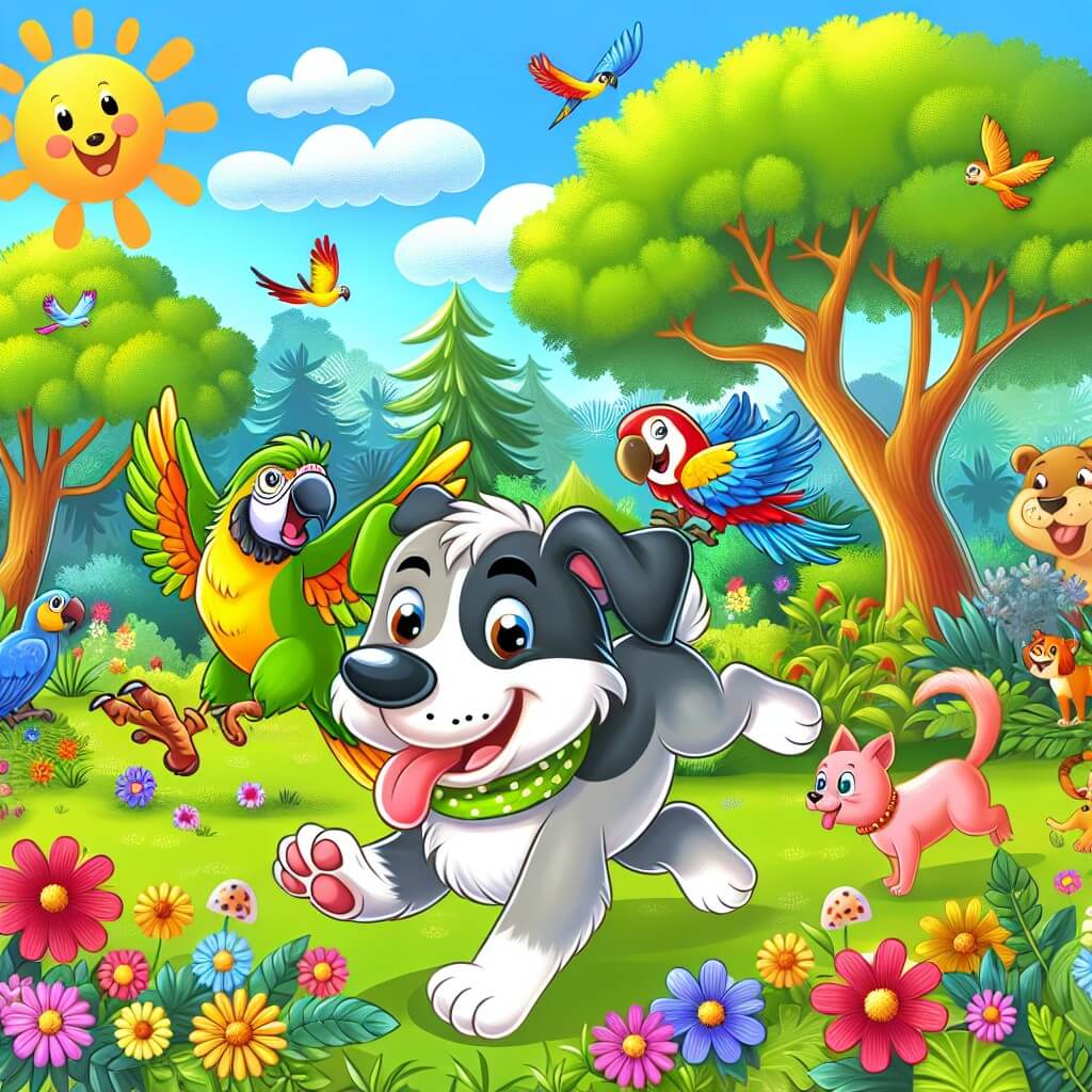 Une illustration destinée aux enfants représentant un chien intrépide se lançant dans une aventure hilarante avec son ami le perroquet, dans un parc coloré rempli de fleurs, arbres majestueux et animaux joyeux.