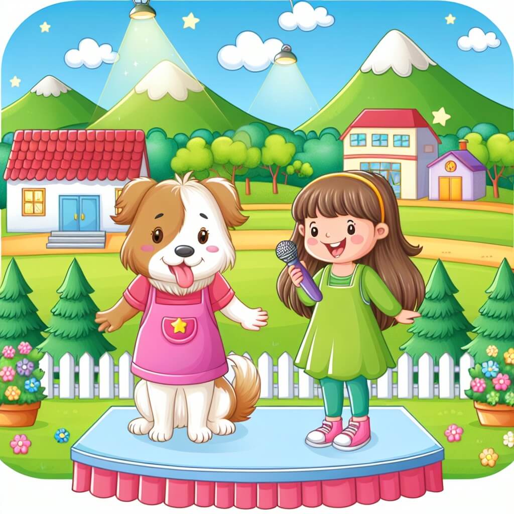 Une illustration destinée aux enfants représentant une petite fille rayonnante, se préparant pour un concours de talents, accompagnée d'un amical chien, dans un paisible village entouré de montagnes verdoyantes et d'un magnifique parc.