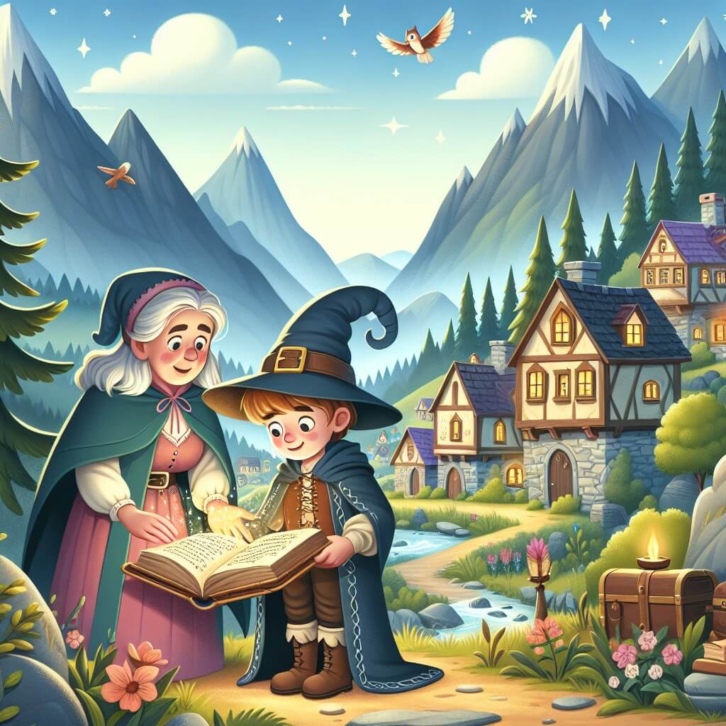 Une illustration destinée aux enfants représentant un jeune apprenti sorcier, découvrant un livre de sorts oubliés, accompagné de sa sage grand-mère, dans un petit village entouré de montagnes majestueuses et de forêts enchantées.
