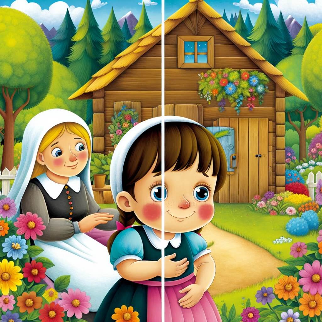 Une illustration destinée aux enfants représentant une petite fille souriante, aux joues roses, qui fait face à une maladie mystérieuse, accompagnée de sa maman aimante, dans une petite maison en bois, entourée de fleurs colorées et d'arbres majestueux, située au cœur d'un village paisible.
