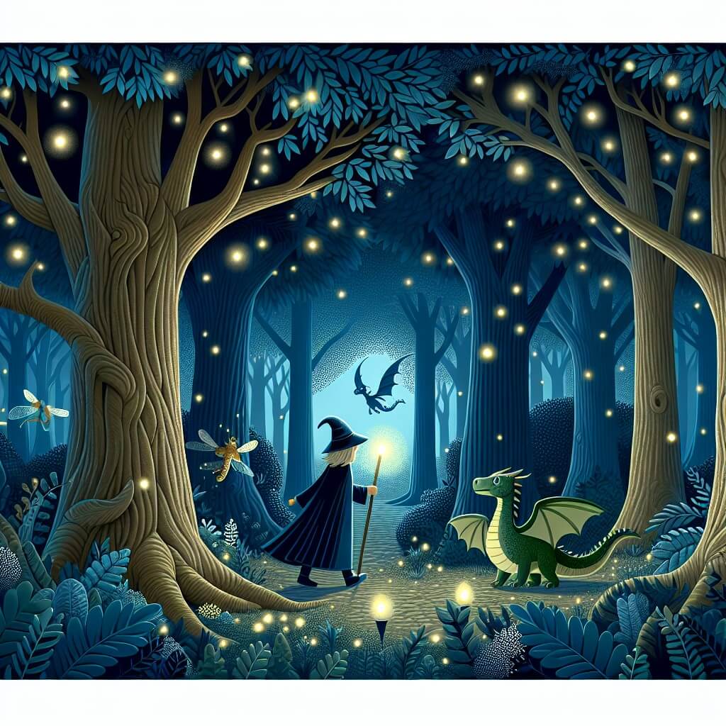 Une illustration destinée aux enfants représentant un sorcier mystérieux, se retrouvant dans une quête magique avec l'aide d'un adorable dragonneau, dans une forêt enchantée aux arbres centenaires illuminés par des lucioles scintillantes.