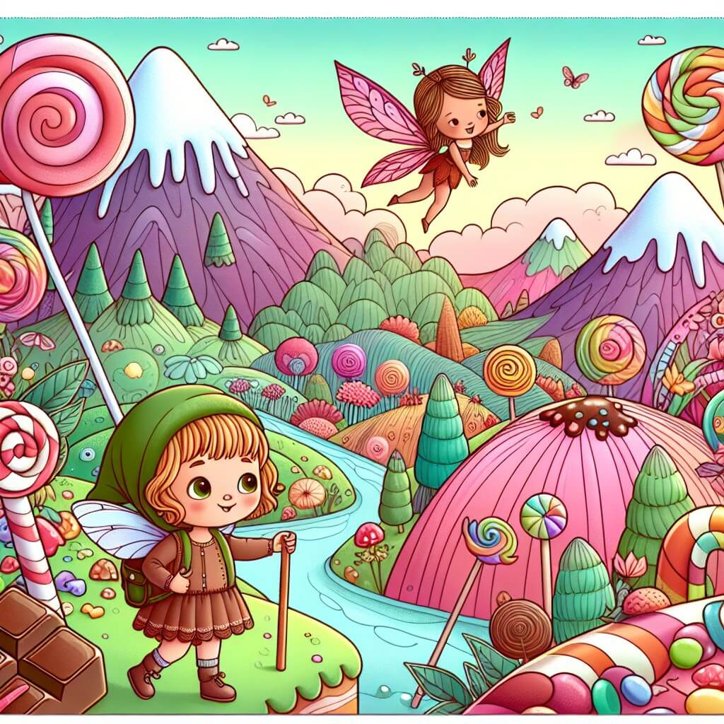Une illustration destinée aux enfants représentant une petite fille curieuse et aventurière se retrouvant dans un monde sucré et coloré, accompagnée d'une fée aux ailes rosées, dans un paysage fait de montagnes de piruletas, rivières de chocolat, et arbres en bonbons.