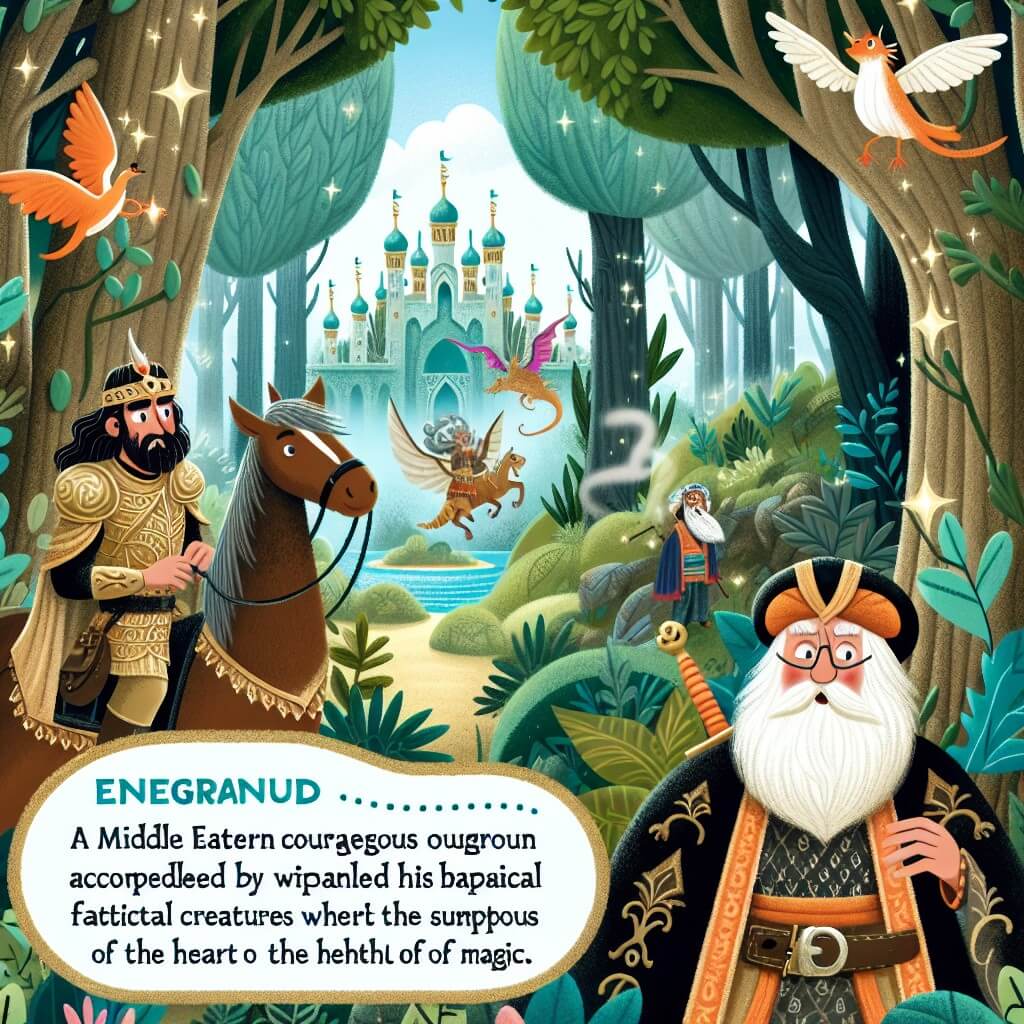 Une illustration destinée aux enfants représentant un homme intrépide, plongé dans une quête mythique, accompagné d'un sage ancien, à la découverte d'un monde enchanté rempli de créatures fantastiques, dans un somptueux royaume caché au cœur d'une forêt luxuriante, où les arbres semblent danser au rythme de la magie.