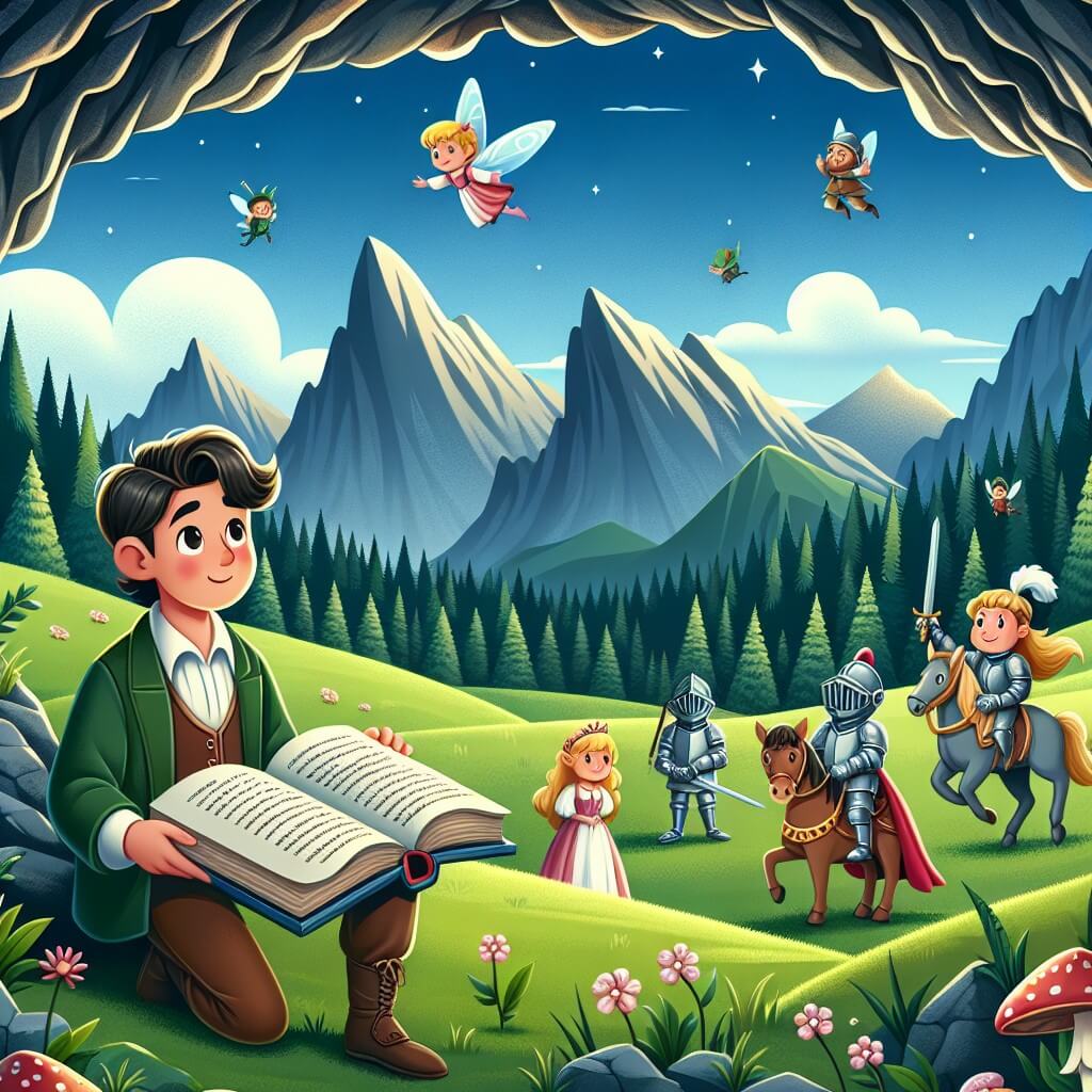 Une illustration destinée aux enfants représentant un homme passionné d'histoire, découvrant un mystérieux livre ancien et se retrouvant transporté dans un monde fantastique de chevaliers et de fées, dans un prado verdoyant entouré de montagnes majestueuses et d'une grotte sombre et mystérieuse.
