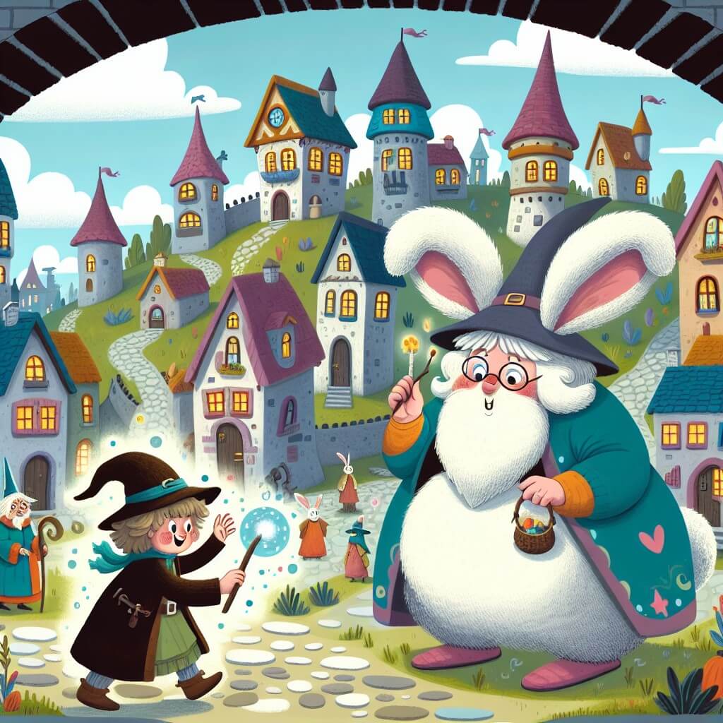 Une illustration destinée aux enfants représentant une apprentie sorcière espiègle, faisant une farce magique qui transforme sa grand-mère en un grand et pelucheux lapin, dans un village enchanté appelé Villa Magia, rempli de maisons colorées et de rues pavées, où chaque habitant est un sorcier ou une sorcière.
